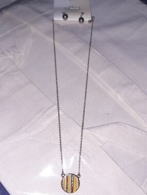 DaVinci Silver-Tone Pendant Necklace with Yellow Stripes and Crystal Accents